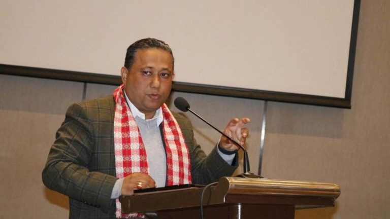 Rastriya Swatantra Party leader Shishir Khanal speaking at an economic agenda discussion organized by the Nepal Economic Journalists Association in Kathmandu.