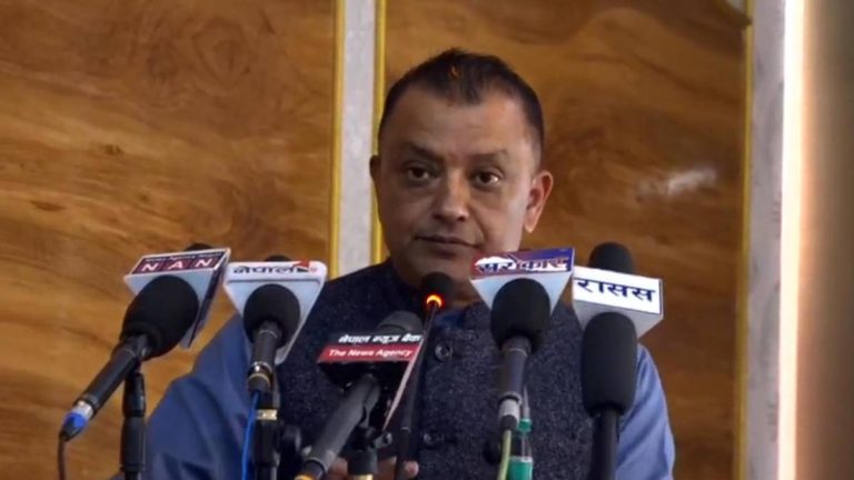 Nepali Congress leader Gagan Thapa speaking at a public program in Kathmandu.
