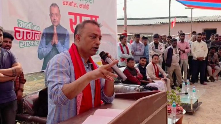 Nepali Congress President Gagan Thapa speaking at a public event in Dhankaul, Sarlahi, urging youth participation and outlining the party’s governance plan.