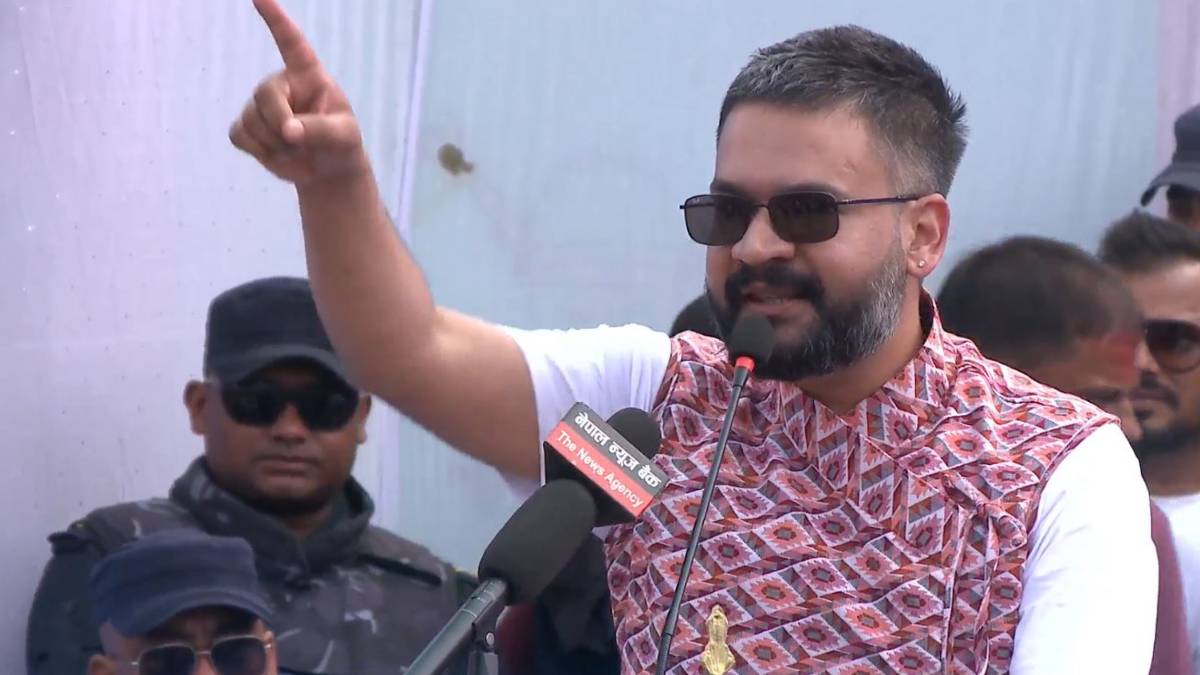 RSP senior leader Balen Shah speaking at a Change Declaration Assembly during an election campaign event in Chitwan, Nepal.