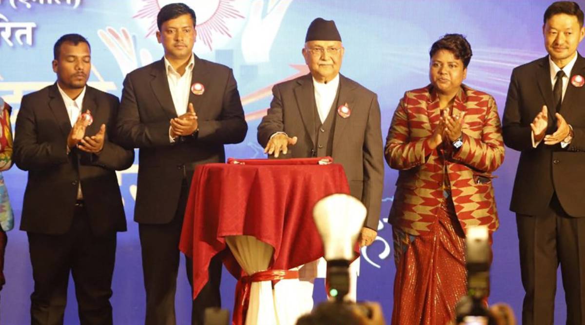 CPN-UML leaders unveiling the 25-Pillar Prosperity Plan manifesto for the 2082 Nepal general elections during a press conference in Kathmandu.