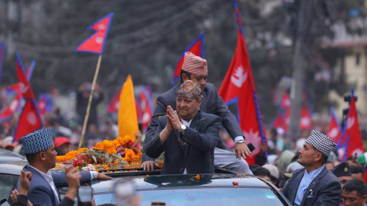 Former King Gyanendra Shah arriving at Tribhuvan International Airport in Kathmandu after traveling by helicopter from Jhapa.