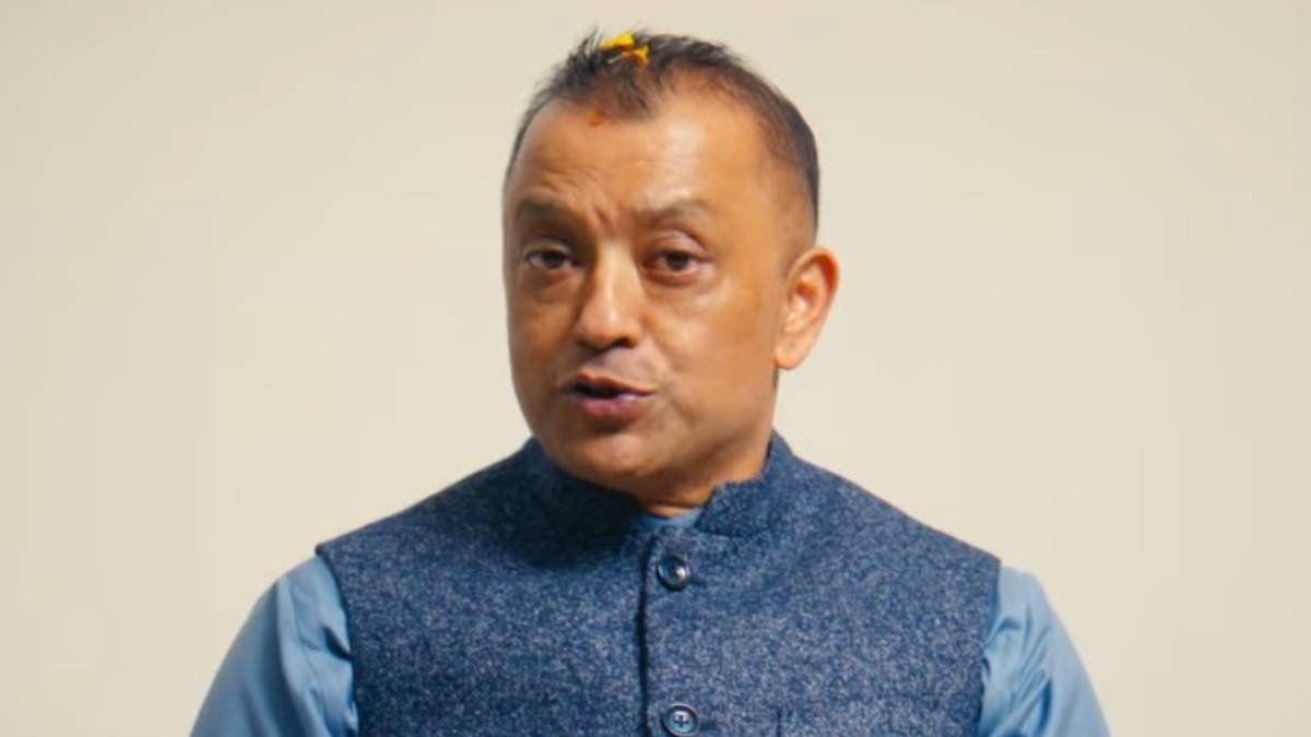 Nepali Congress President Gagan Thapa speaking at a public program in Kathmandu, addressing concerns about rising global populism and its impact on Nepal’s democracy.