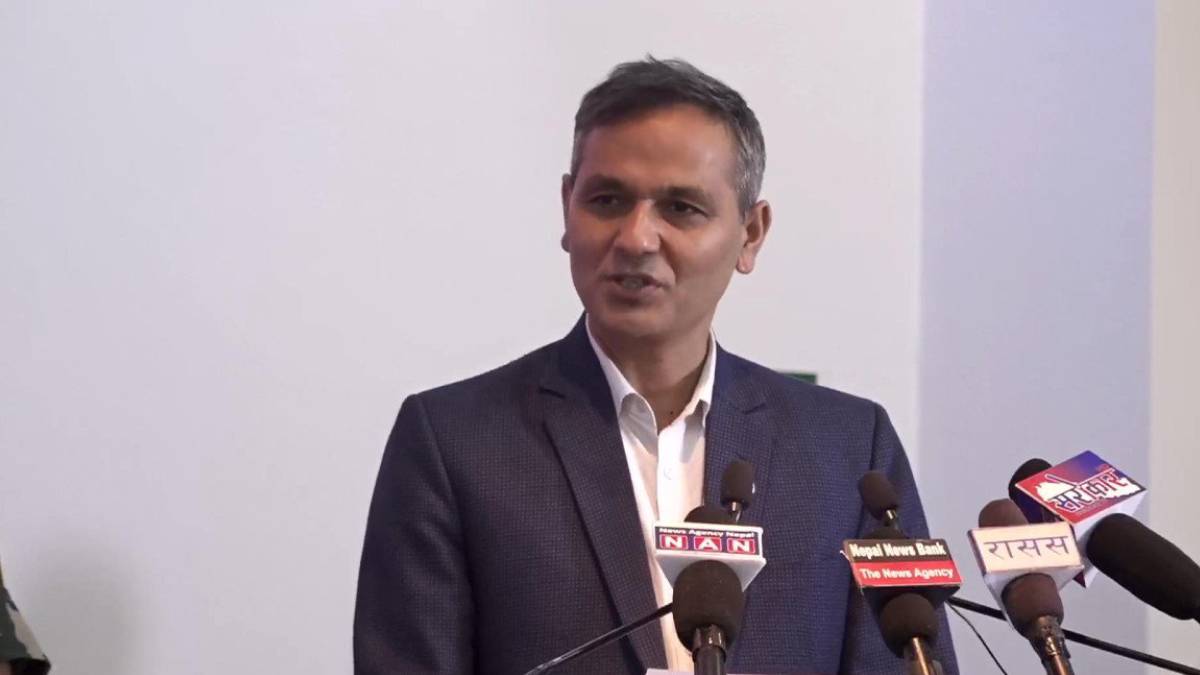 Nepal Home Minister Om Prakash Aryal speaks during a meeting at the Ministry of Home Affairs in Kathmandu on election security and coordination.