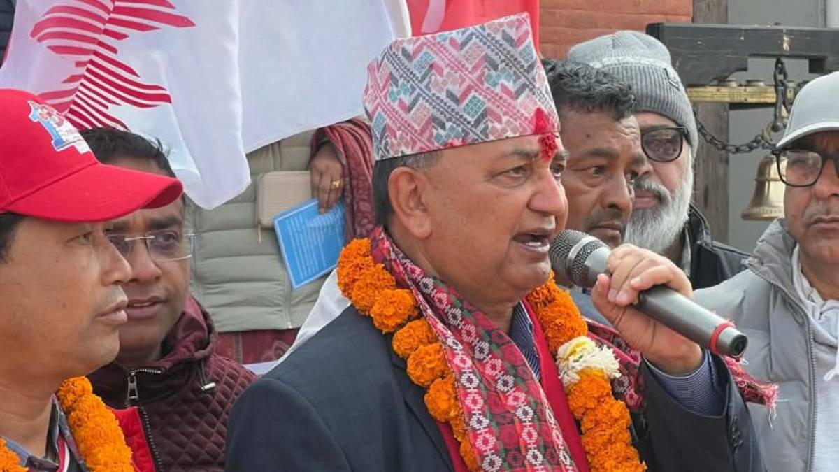 Ishwar Pokhrel speaking to local residents during a door-to-door election campaign in Kathmandu Constituency No. 5 ahead of the Falgun 21 vote.
