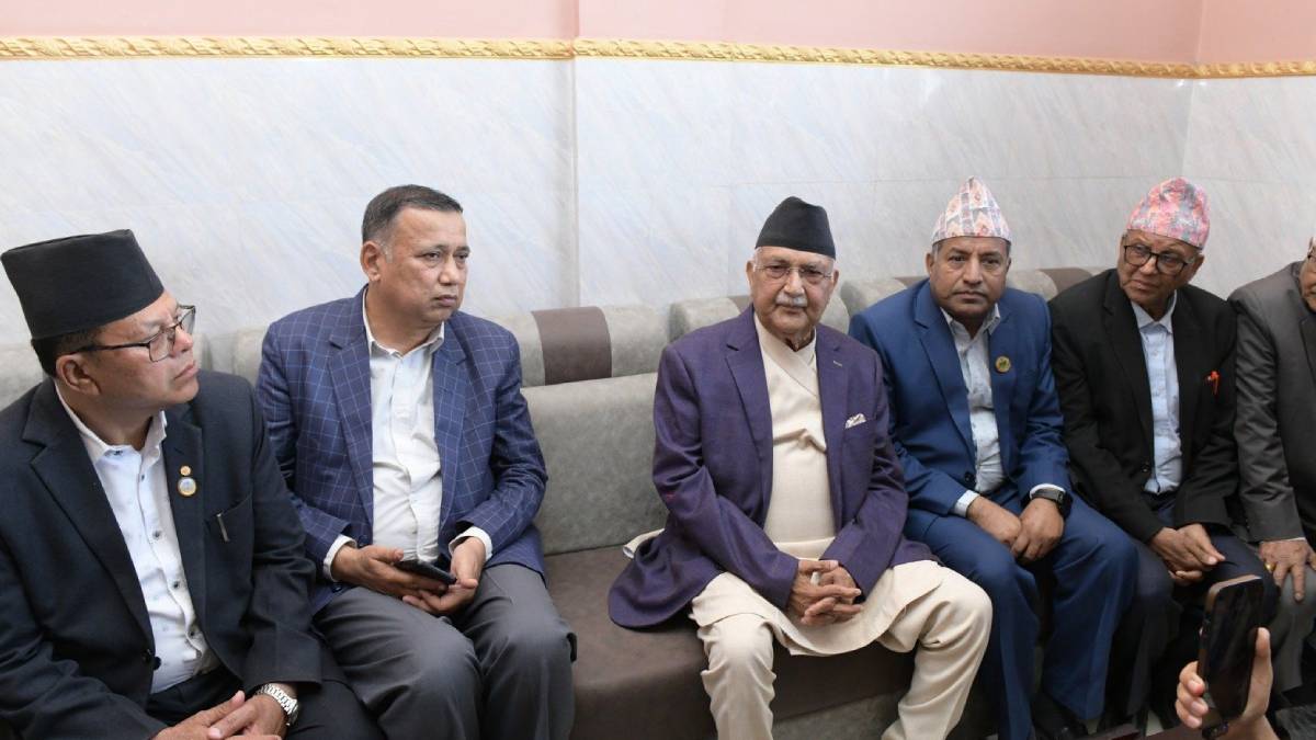 KP Sharma Oli speaks to journalists during an election campaign visit in Jhapa ahead of the Falgun 21 election in Nepal.