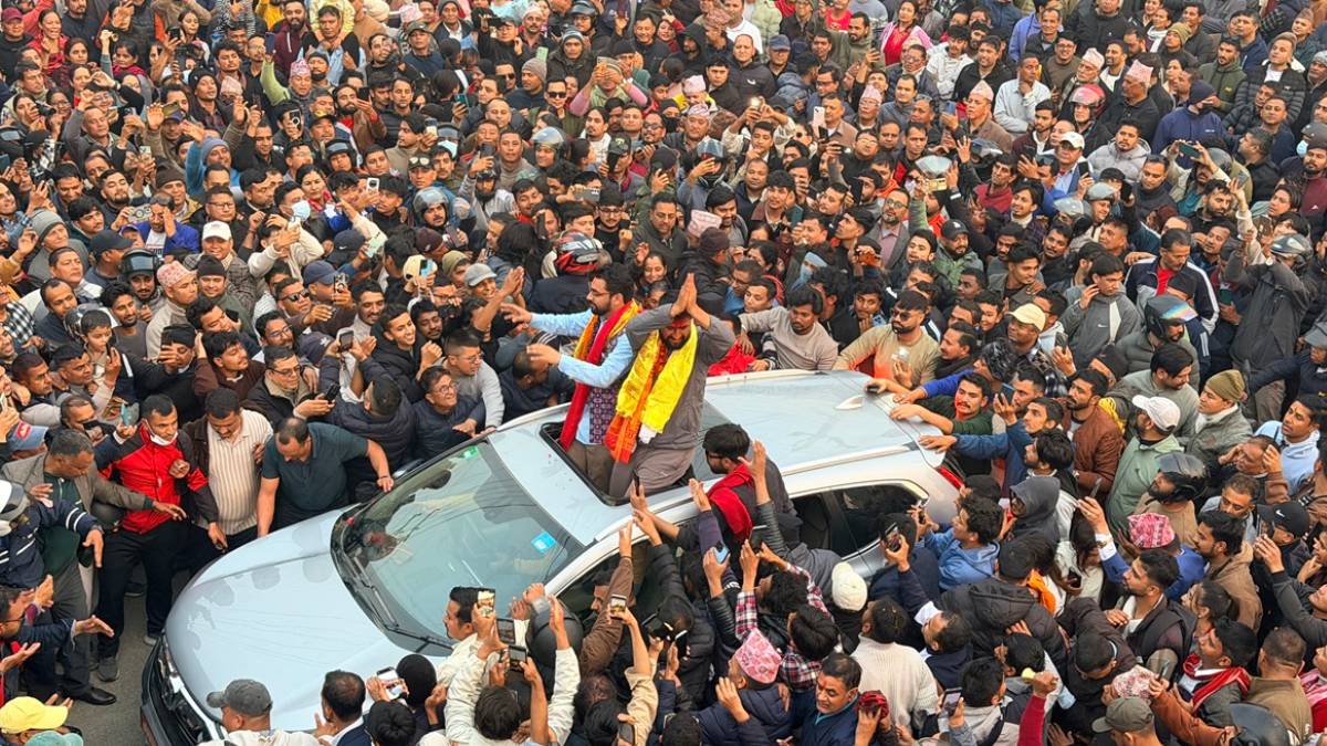 Rabi Lamichhane, chairman of the Rastriya Swatantra Party, during a public outreach program ahead of the House of Representatives election in Nawalparasi.