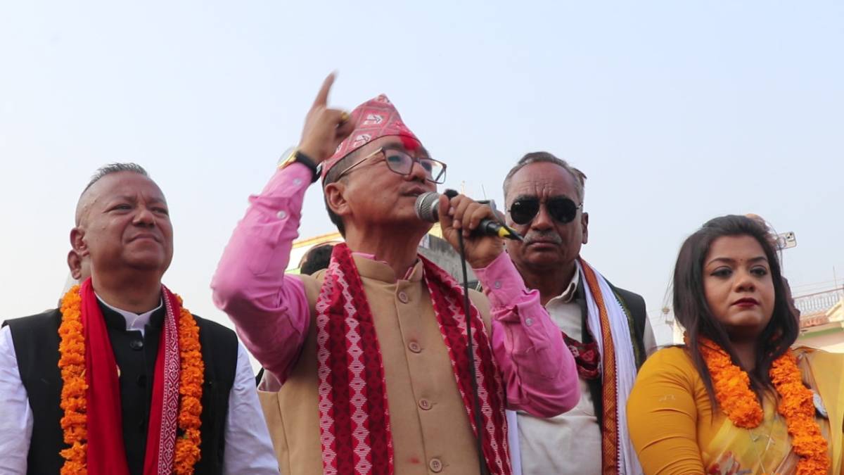 RPP Chairman Rajendra Lingden addresses an election rally in Butwal ahead of Nepal elections.