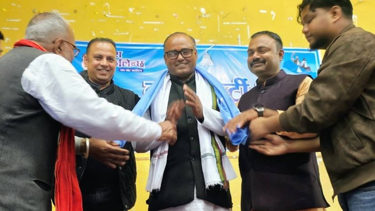 Rajiv Jha speaking during an event where he joined the Rastriya Swatantra Party in Janakpur and announced support for Manish Jha in Dhanusha–3.