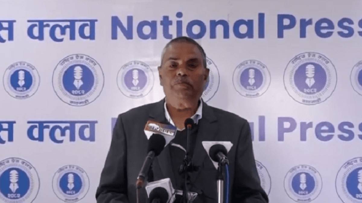 Upendra Yadav speaking at a program at the National Press Club in Kathmandu, Nepal.