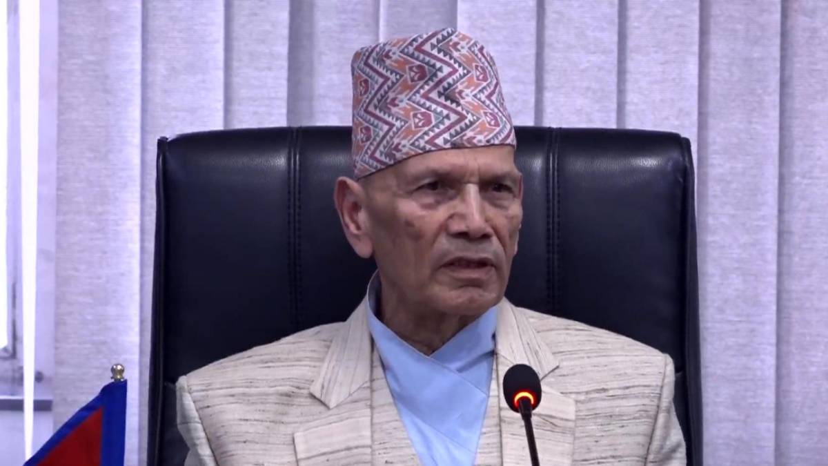 Nepal Foreign Minister Balanand Sharma speaking at a press conference at the Ministry of Foreign Affairs about evacuation plans for Nepali citizens in Middle East conflict zones