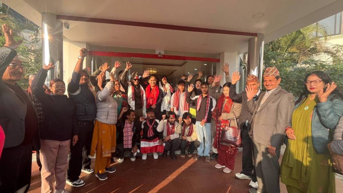 Chandra Bik and Jagat Basnet being welcomed into the Nepali Congress by Vice President Bishwo Prakash Sharma during a program in Surkhet.