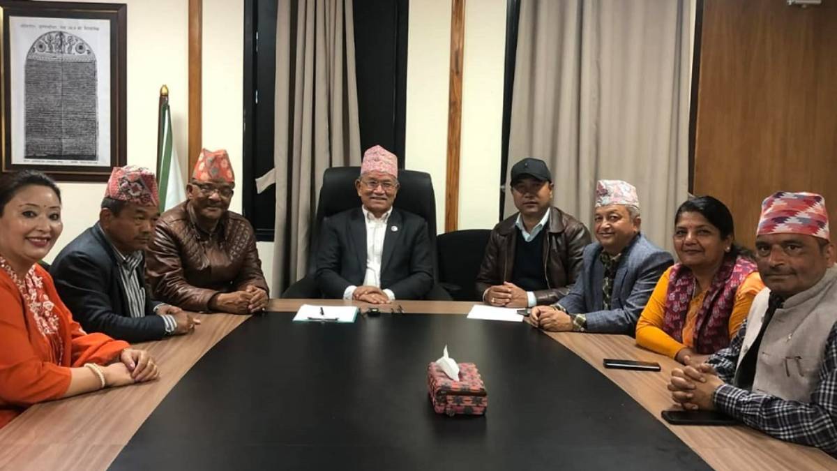 Nepali Congress President Gagan Thapa speaking at a political event as Lalitpur leaders urge him not to resign after the party’s election defeat.