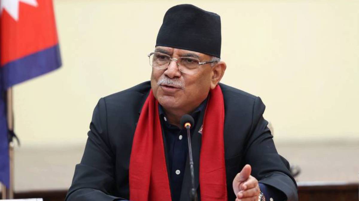 Pushpa Kamal Dahal Prachanda speaking at a meeting of Communist Party of Nepal leaders discussing internal election issues