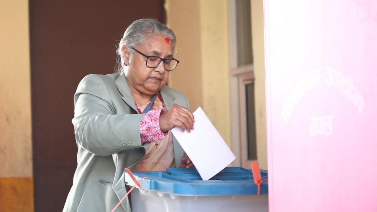Prime Minister Sushila Karki casting her vote at Dhapasi Secondary School polling center in Kathmandu during Nepal’s House of Representatives election.