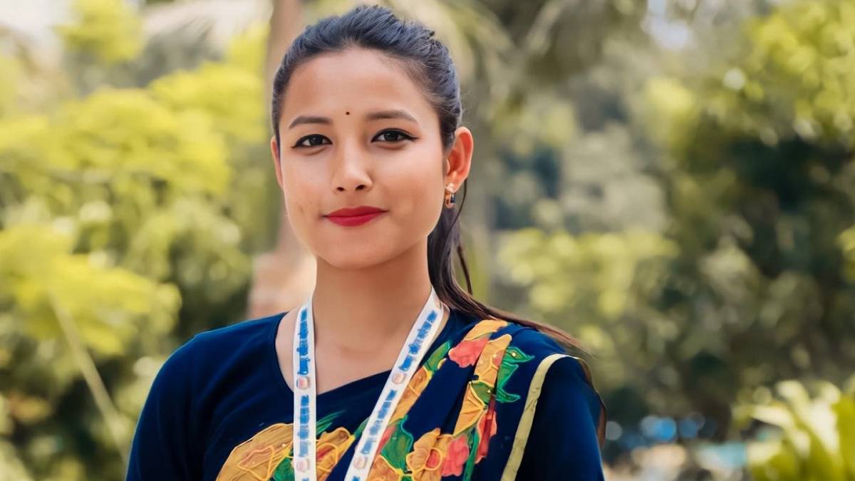 Rakshya Bam speaking during a Gen-Z protest at Maitighar Mandala in Kathmandu