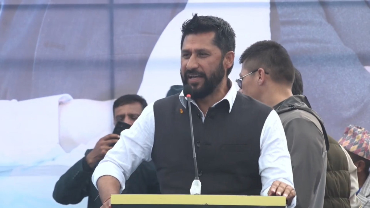 Rastriya Swatantra Party Chairperson Rabi Lamichhane speaking during a public event in Nepal
