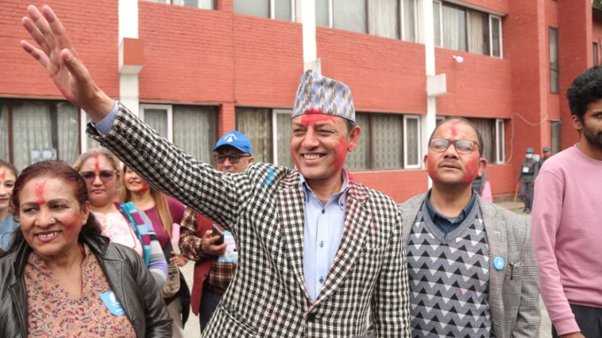 RSP viceChairman Dol Prasad Aryal speaking after Ranju Neupane’s victory from Kathmandu-1 in the House of Representatives election