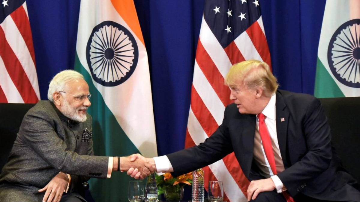 US President Donald Trump and Indian Prime Minister Narendra Modi during a meeting as the United States grants India a temporary exemption to purchase Russian oil amid Middle East tensions.
