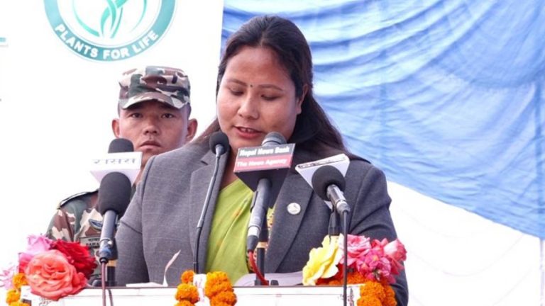 Geeta Chaudhary speaking at an event on herbal medicine potential in Kathmandu