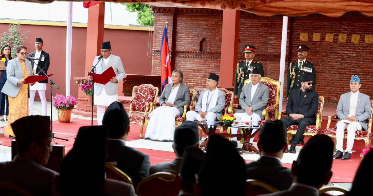 Leela Bhandari taking oath as National Assembly Vice Chairperson at Shital Niwas ceremony in Nepal