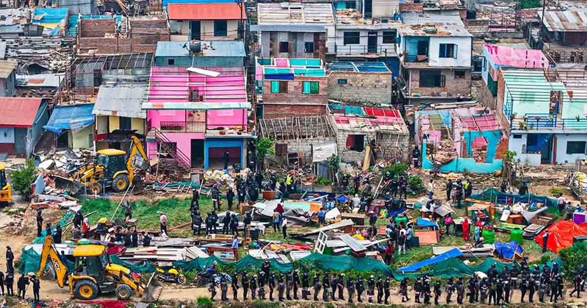 Manohara squatter settlement eviction in Kathmandu as police and bulldozers clear houses