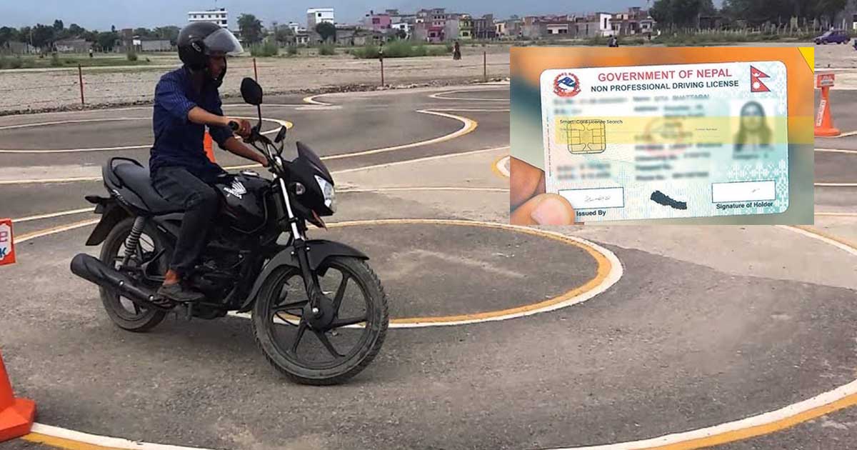 Person taking motorcycle driving test in Nepal with driving licence card showing new 24 hour service