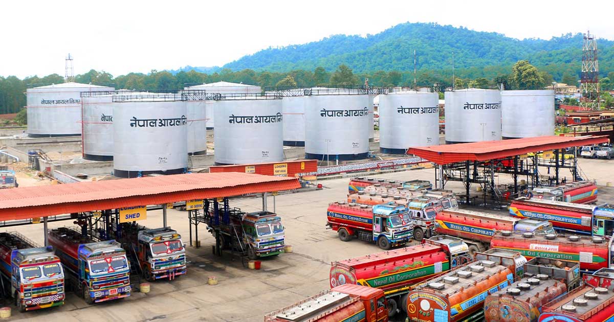 Nepal Oil Corporation fuel depot with petrol and diesel storage tanks and tanker trucks in Nepal