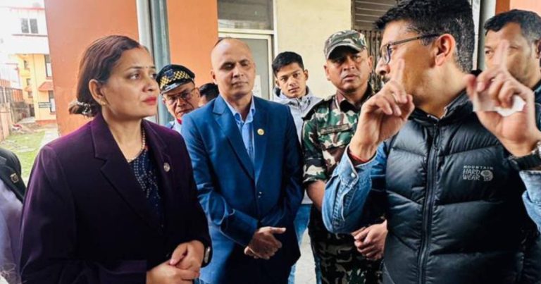 Health Minister Nisha Mehta discusses hospital service issues with officials during inspection in Kathmandu