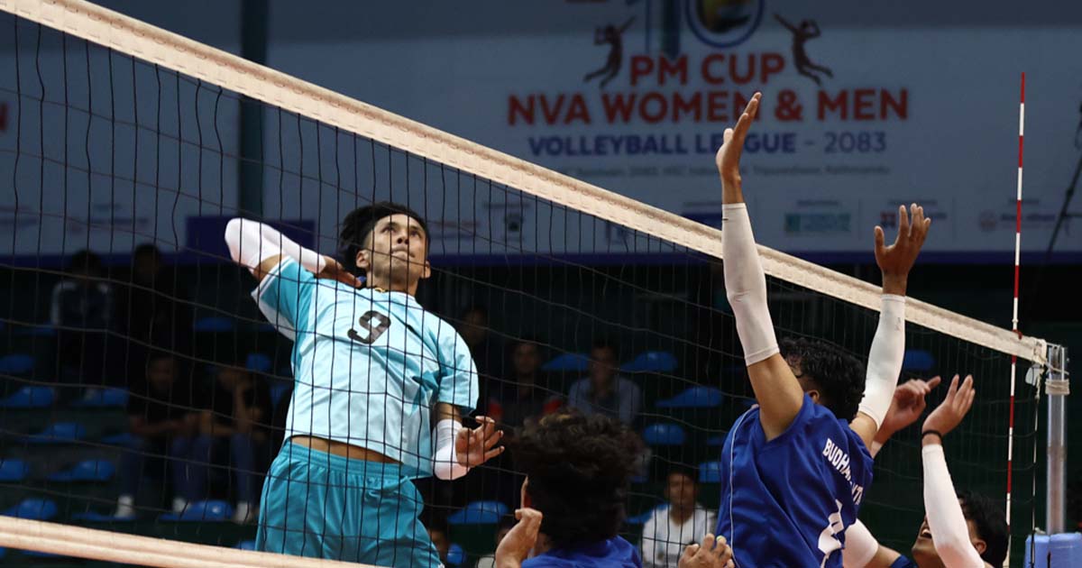 Player spikes ball during NVA Volleyball League 2083 match in Kathmandu