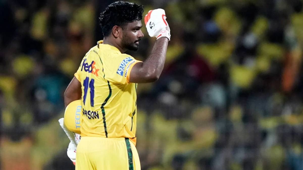 Sanju Samson in Chennai Super Kings jersey raises bat after scoring unbeaten 115 in IPL 2026 match