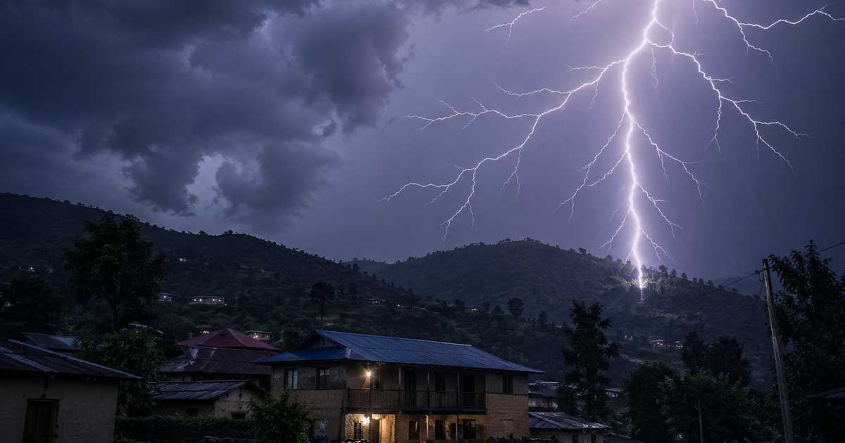 Lightning strike in Syangja Nepal at night hitting village area during storm