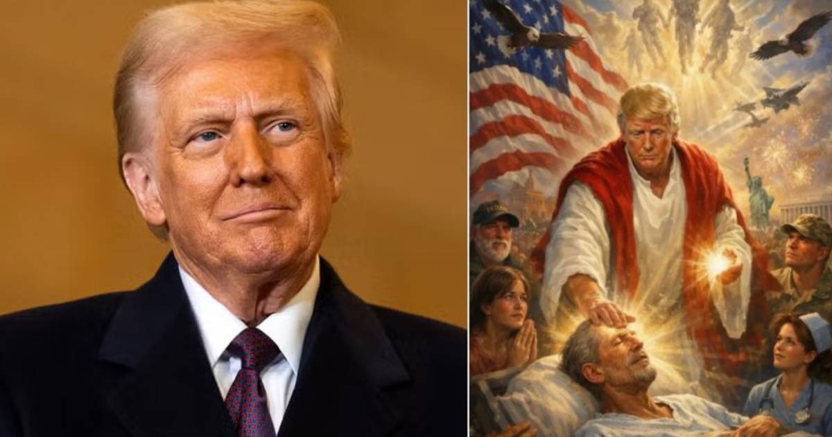 Donald Trump portrait next to AI image showing him healing a patient in a Jesus-style depiction