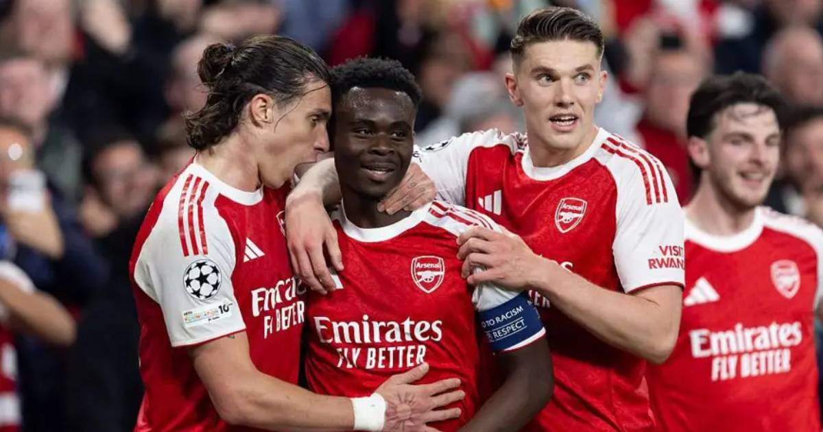 Arsenal players celebrate after Bukayo Saka’s goal against Atletico Madrid in the Champions League semifinal