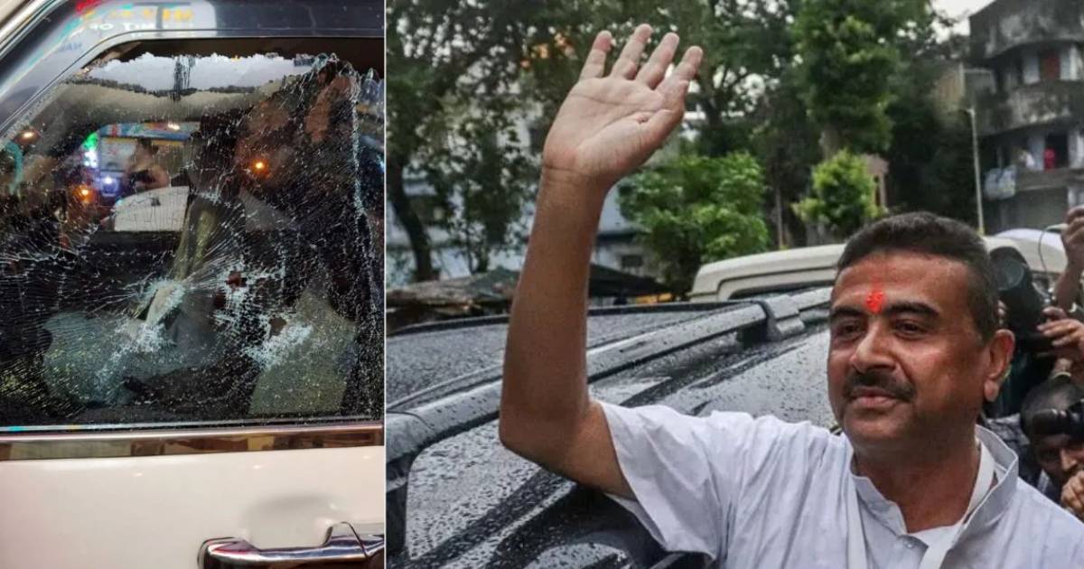 Suvendu Adhikari during a public appearance beside a damaged vehicle linked to the Chandranath Rath incident
