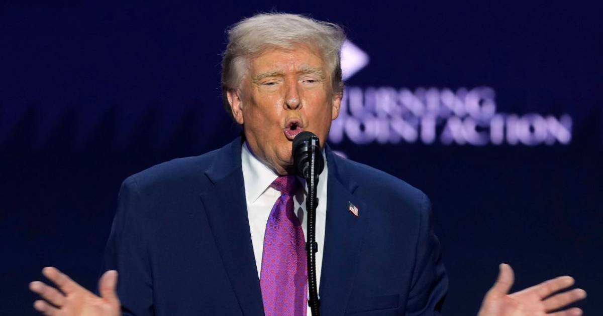 Donald Trump speaking during an event amid rising US-Iran tensions near the Strait of Hormuz
