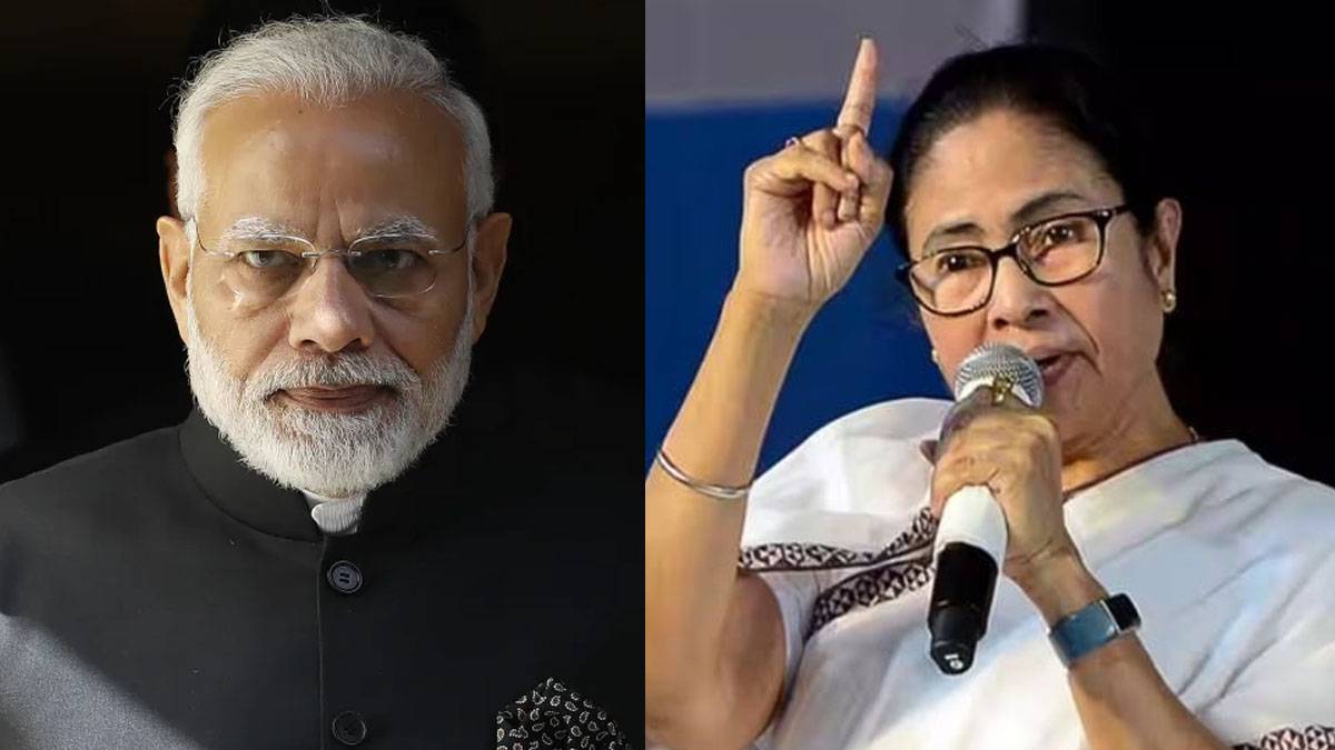 Portraits of BJP and TMC leaders during West Bengal election results coverage