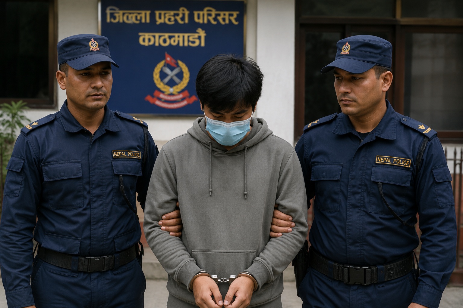 Police escort a suspect arrested in Kathmandu over a threat case involving a ward secretary