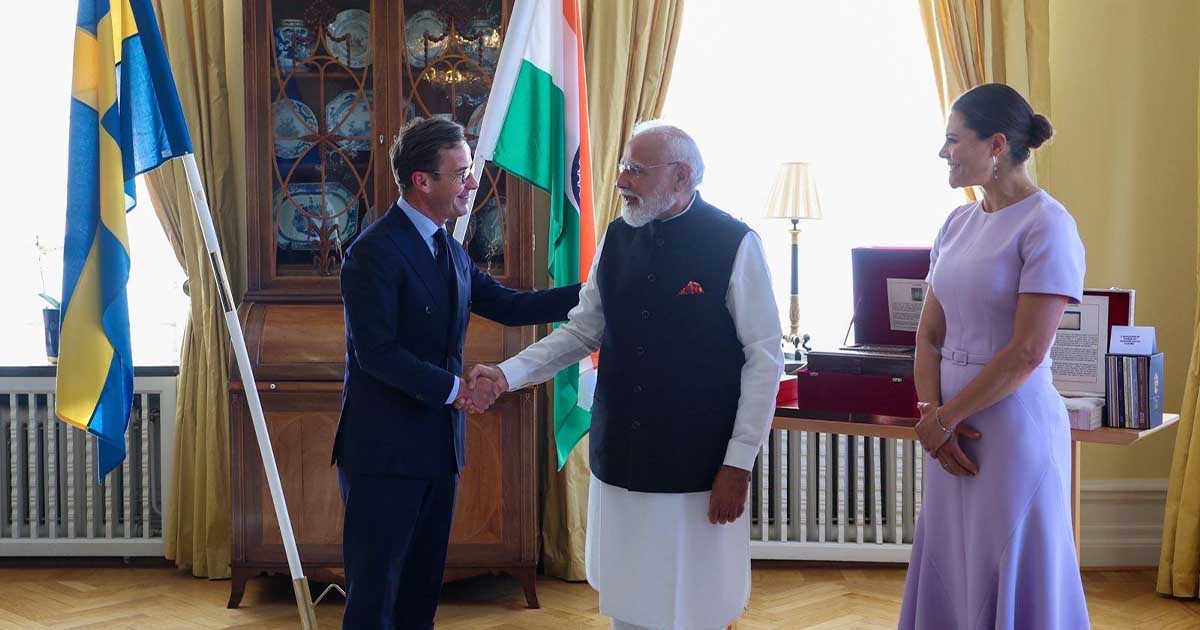 Narendra Modi greets Swedish leaders during a meeting in Gothenburg