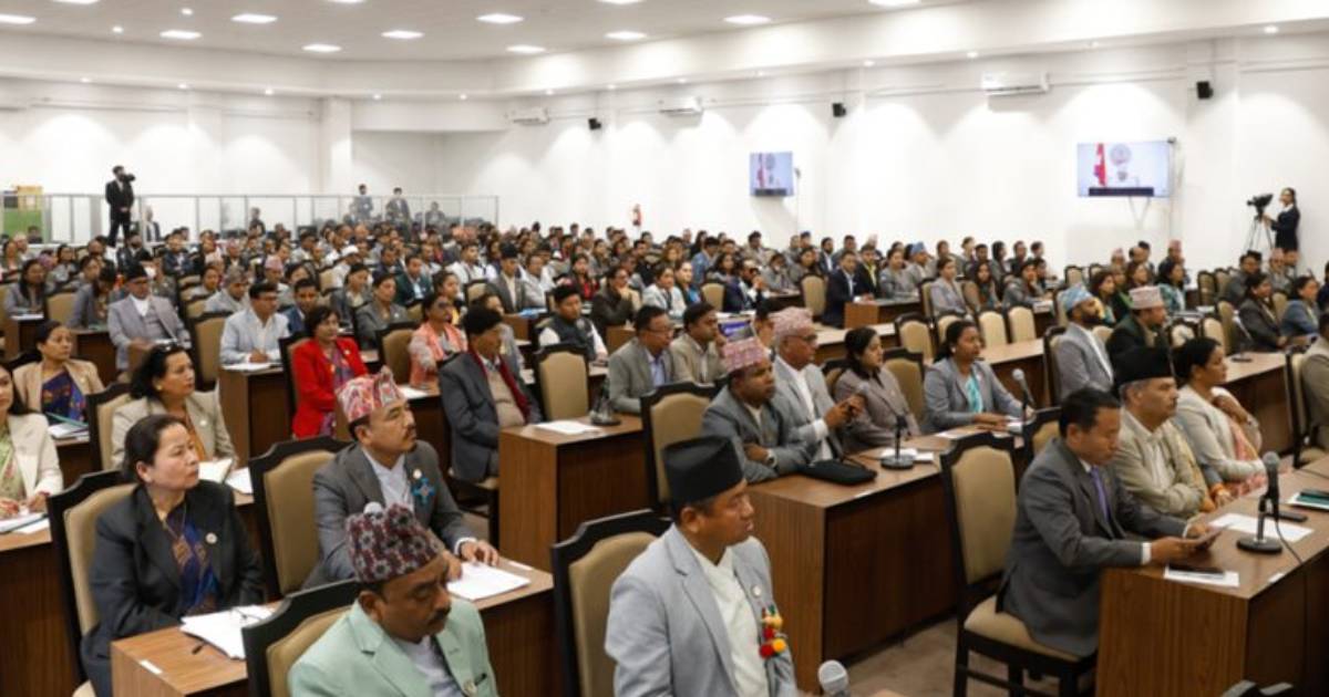 Members attend a joint meeting of Nepal’s Federal Parliament in a parliamentary hall in Kathmandu