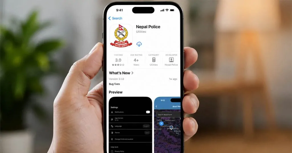 Hand holding a smartphone displaying the Nepal Police mobile app page