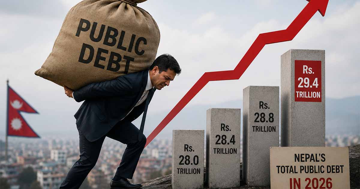 Illustration showing Nepal’s rising public debt with a growing financial graph and debt burden
