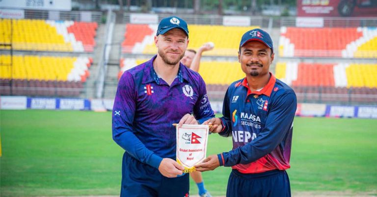 Nepal and Scotland captains pose before ICC Cricket World Cup League 2 match