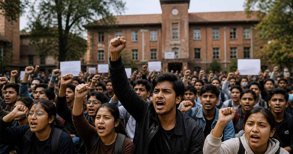 Students raising fists during a protest at a campus building in Nepal student politics debate
