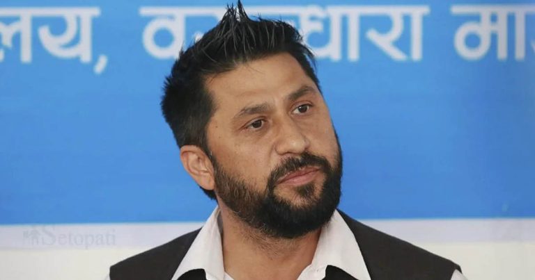 Rabi Lamichhane speaking during a media interaction in a file photo