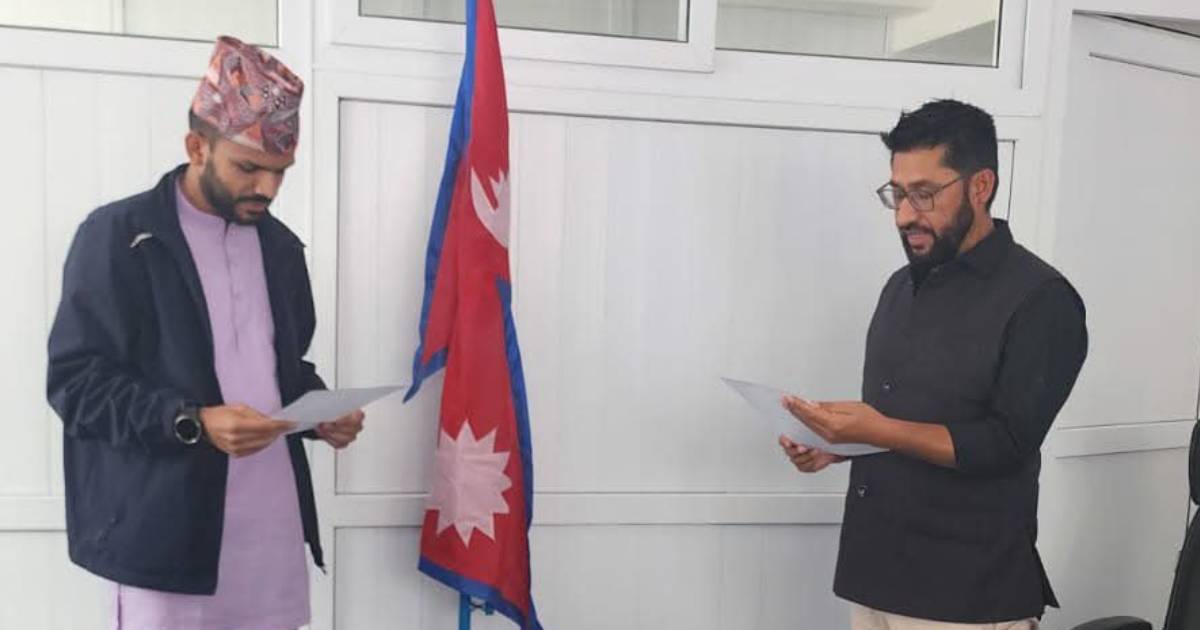 Sagar Dhakal takes oath as central secretariat member during ceremony with party leader in Kathmandu