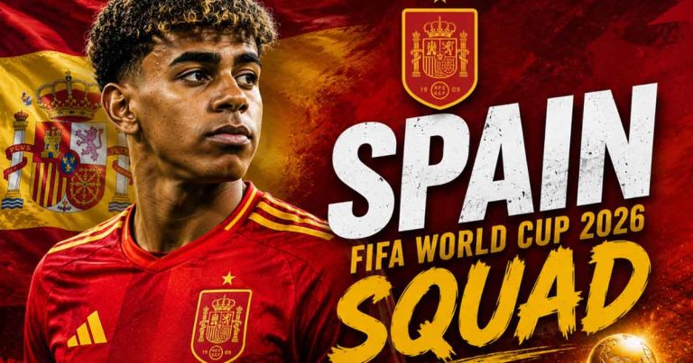 Lamine Yamal in Spain jersey alongside FIFA World Cup 2026 squad graphic