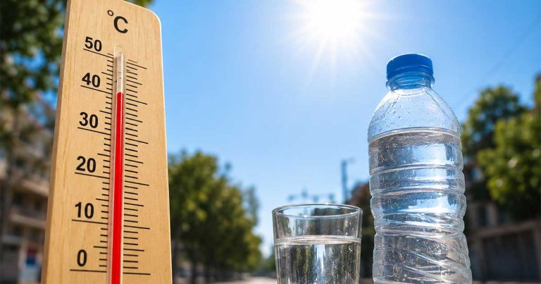 Thermometer and water bottle under strong sunlight during extreme summer heat