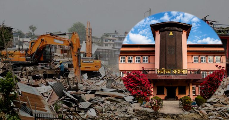 Demolished settlement area with a circular image of Nepal Supreme Court building in Kathmandu