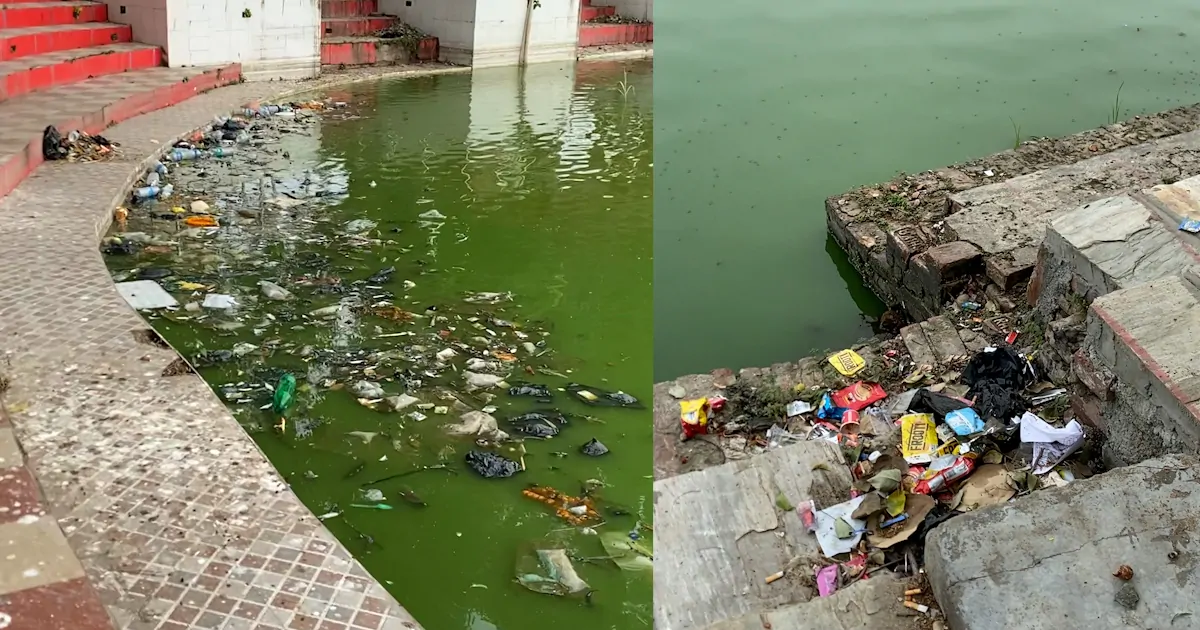 Garbage seen around Dhanush Sagar (left) and Ganga Sagar (right) in Janakpurdham.